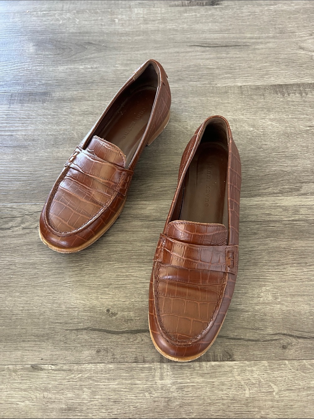 Jenni Kayne Croc-Embossed Leather Penny Loafers in Brown
